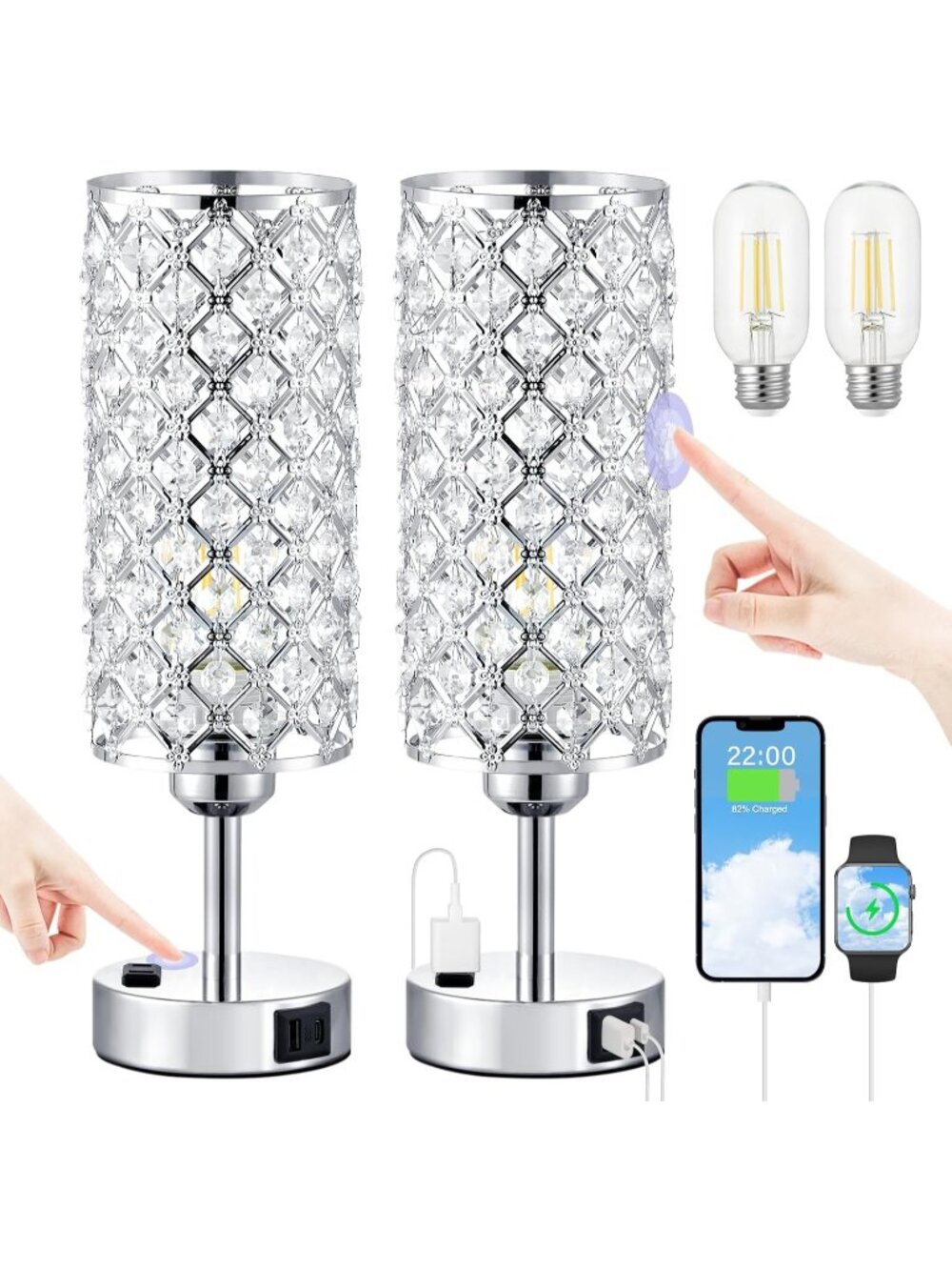 New Silver Crystal Lamps Set of 2, 3-Way Dimmable Touch Lamps for Nightstand